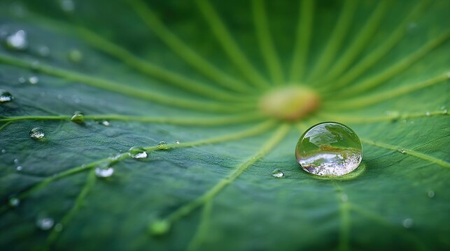 moisture. A single water droplet rolling across a large green lotus leaf. gardening catalogs, home-decor guides, designed for home decor and floral branding, enhances decor appeal. - Powered by Adobe