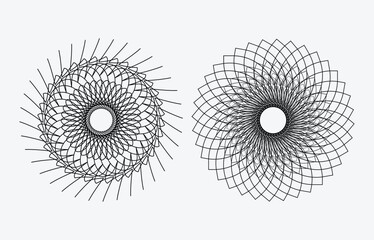 Black and white abstract geometric mandala pattern with swirling circular shapes and decorative line art