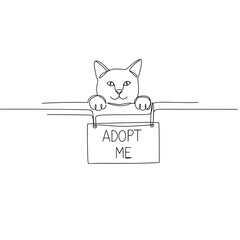 Cat holding adopt me sign, cute pet animal illustration in minimal black line art, friendly adoption message and playful paws