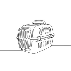 Animal carrier box minimal illustration, pet transport container in black line art for travel, adoption and veterinary concepts