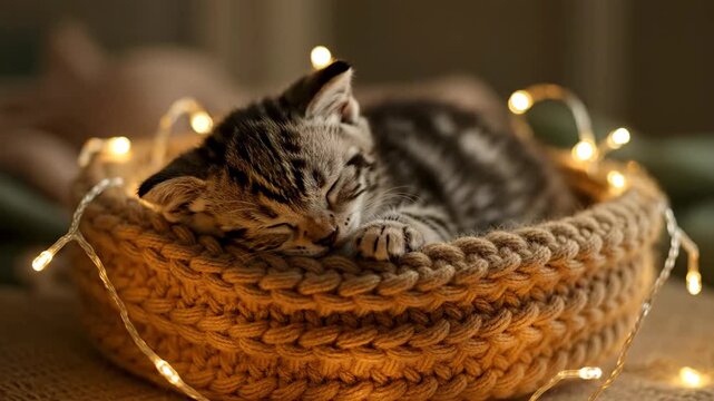 Cute Kitten Sleeping in Woven Basket With String Lights at Night