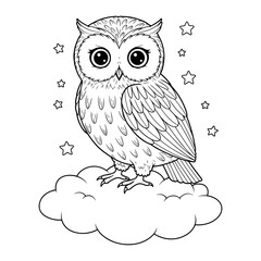 Owl on a cloud surrounded by stars, cute big-eyed owl sitting on fluffy cloud in night sky illustration