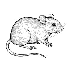 Mouse sketch, realistic tiny rodent with long tail and soft fur in detailed black line art, curious animal pose