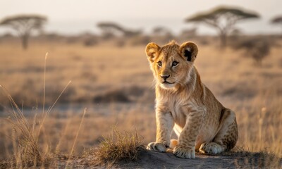 Obraz premium Young lion cub sits alert in golden savanna, looking off-camera. Trees dot the background