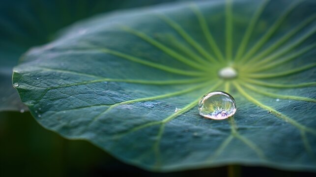 moisture. A single water droplet rolling across a large green lotus leaf. gardening catalogs, home-decor guides, designed for home decor and floral branding, enhances decor appeal. - Powered by Adobe