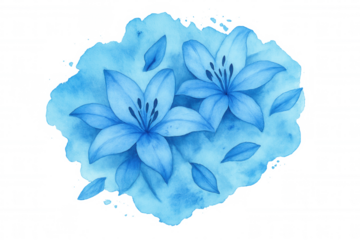Two blue watercolor lily flowers painted with soft petals, creating a delicate floral composition. Transparent background