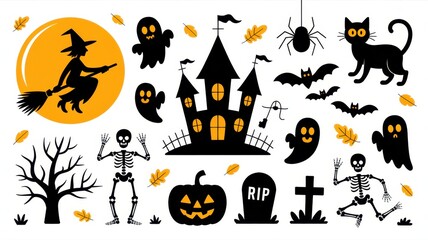 Obraz premium Spooky Halloween Set: A bewitching assembly of iconic Halloween elements, showcasing a witch on a broom, eerie ghosts, a foreboding castle, a grinning pumpkin, and more.