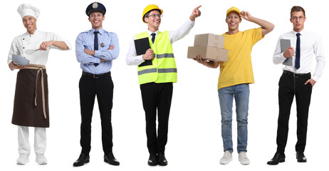 Obraz premium Choice of profession. Same man representing different occupations. Collage of portraits on white background