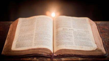Obraz premium Open Bible resting on a wooden table illuminated by a warm candlelight reflecting Christian faith and devotion