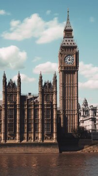 Majestic big ben clock tower against blue sky and white clouds, a symbol of london and england. Timelapse