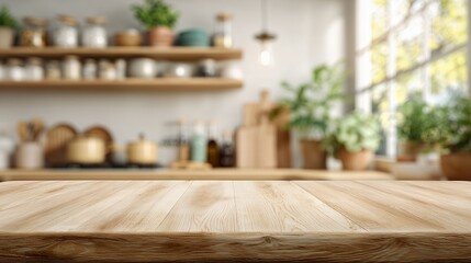 Rustic wooden tabletop with blurred kitchen interior featuring shelves, plants and natural light from the window, concept for product display, showcasing food and interior decoration