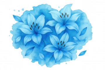Blue watercolor lilies illustration on a splash background, delicate floral botanical painting with falling petals