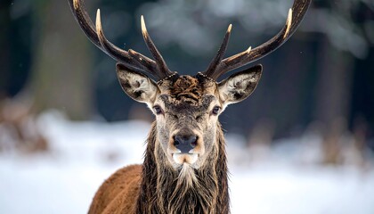 Majestic red deer in winter forest looking at camera