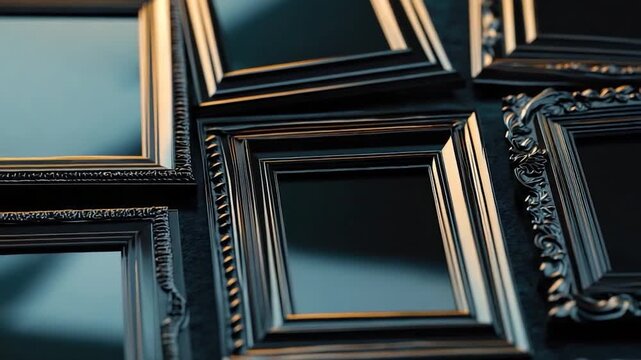 Group of black picture frames stacked on top of each other, ideal for photography or art concepts
