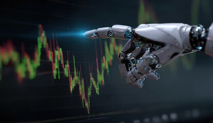 Futuristic robotic hand interacting with digital stock market data visualization