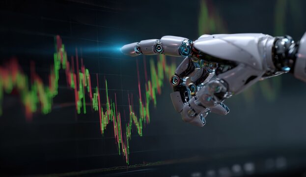 Futuristic robotic hand interacting with digital stock market data visualization