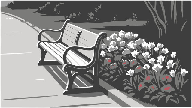 Park bench with flowers garden spring summer peaceful scene outdoor seating tranquil nature relaxation rest area illustration graphic design monochrome grey scale botanical floral.
