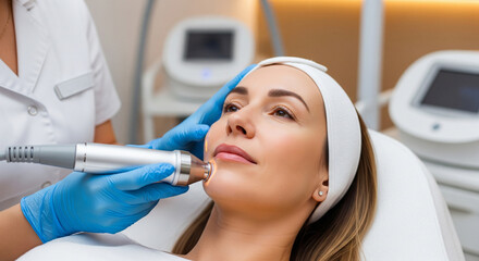 Fototapeta premium Woman undergoing non-surgical rejuvenation using radiofrequency therapy for facial skin tightening. Cosmetology and beauty procedure, beauty industry