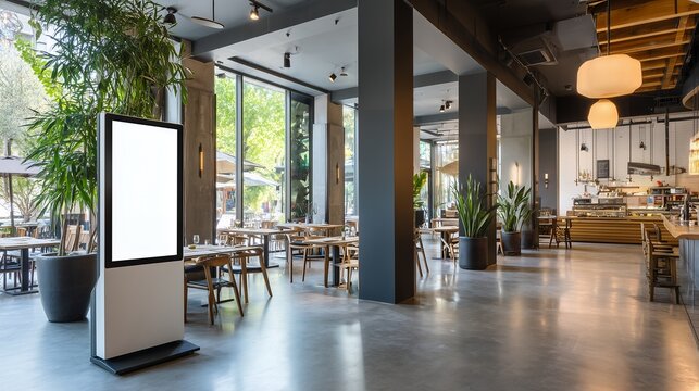 Modern restaurant interior with a blank digital display near lush green plants and tables, concept for advertising campaigns, menu boards and product promotion