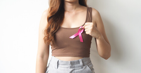 Pink breast cancer awareness ribbon. October Breast cancer awareness month. Healthcare and medicine concept. 