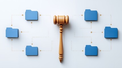 Gavel centered among connected blue file folders on a white background, forming a network, concept for data governance, legal compliance and information security