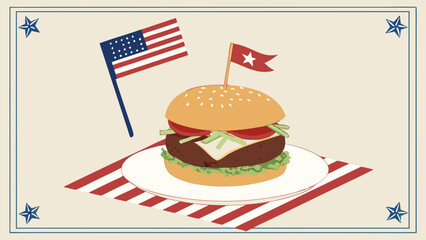 Patriotic Hamburger Illustration Delicious Burger with American and Star Flags on a Plate.