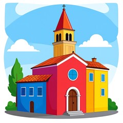 Fototapeta premium Colorful cartoon building with a steeple against a cloudy blue sky
