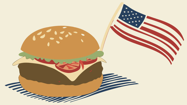 Patriotic Hamburger with American Flag Illustration 4th of July BBQ Summer Food Fast Food Cheeseburger Design.