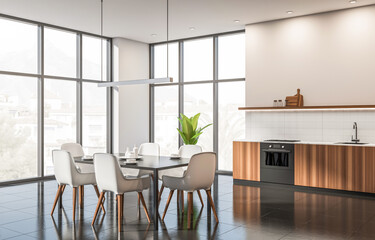 Fototapeta premium Stylish kitchen and dining room interior with wooden cabinets, sleek furniture, and mountain view through large windows on a glossy tiled floor. 3D Rendering