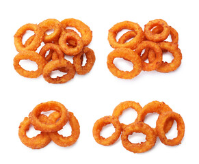 Yummy fried squid rings on white background, set. Top view