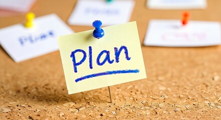 Yellow sticky note with the word plan written in blue ink pinned to a corkboard with other notes in the background