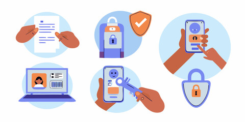 Digital security and privacy concepts illustrated with hands interacting with documents devices and locks