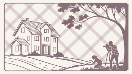 Obraz premium Photographers capturing a house and landscape idyllic scene home photography real estate image illustration silhouette style vector art two photographers camera tripod nature outdoor s.