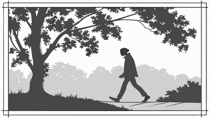 Fototapeta premium Silhouette of a person walking in a park next to a large tree under grey skies.
