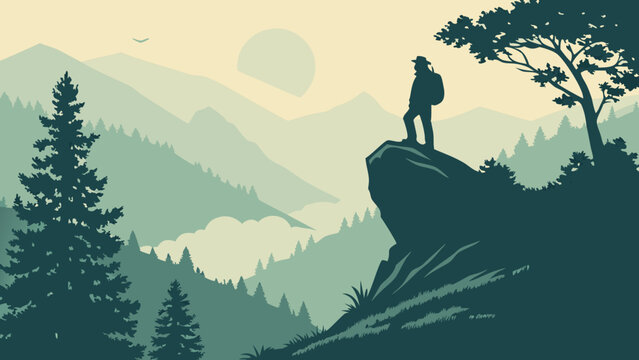Silhouette of a hiker on a mountaintop overlooking a valley vector illustration.