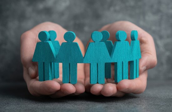 Hands gently holding a group of blue human figures symbolizing community and social connection