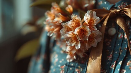 Floral adornment on a patterned shirt enhanced by a lustrous ribbon detail