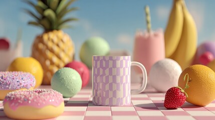 Pastel dream: A whimsical still life featuring a mug surrounded by sweets and fruits