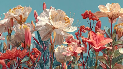 Blooming botanical garden filled with ethereal light against a tranquil sky