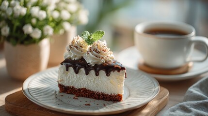 Delicious chocolate cheesecake with whipped cream and a cup of coffee bliss