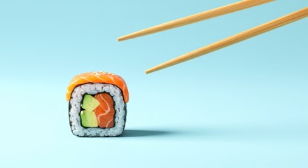Single sushi roll with salmon and avocado being picked up by chopsticks on a light blue background