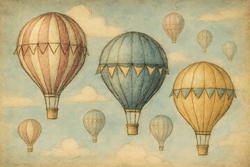 Antique hot air balloon illustration with vintage balloons floating in the sky creating a nostalgic and whimsical scene