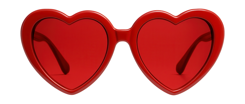 Red heart-shaped sunglasses with coordinating red frames and lenses.
