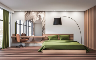 Contemporary bedroom interior with green bedding, wooden textures, arched mirrors, and stylish furniture on a clean background. Concept of modern design. 3D Rendering