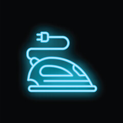 Glowing blue neon icon of a clothes iron with cord, on black background, concept of laundry service