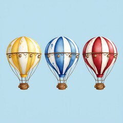 Three vintage hot air balloons in yellow, blue, and red against a light blue background