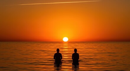 Silhouettes of two people standing in the calm ocean water at sunset