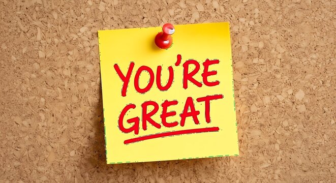 Bright yellow sticky note with handwritten message you re great pinned to a textured corkboard background with a red thumbtack