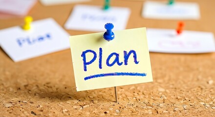 Close up of a yellow sticky note with the word plan written in blue ink pinned to a corkboard with other notes
