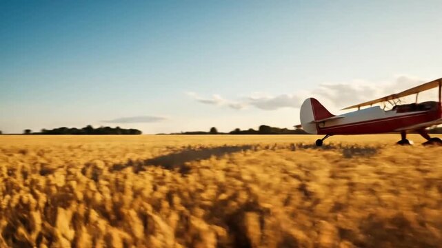 A classic red and white biplane sits in a vast golden wheat field under a clear blue sky at sunset.